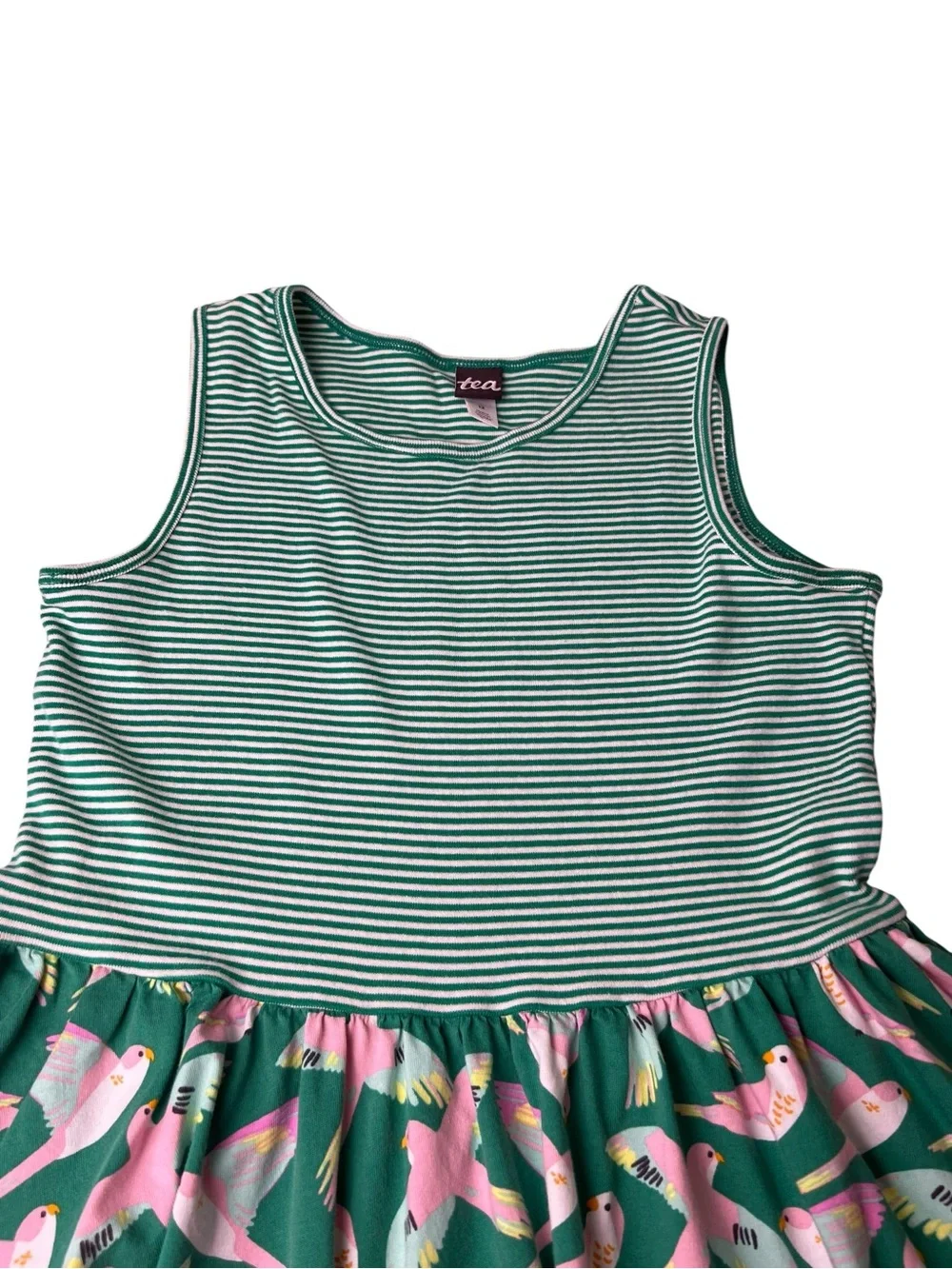Tea Girls Size 12 Mixed Print Birds/Stripes Green/Pink Sleeveless Skater Dress